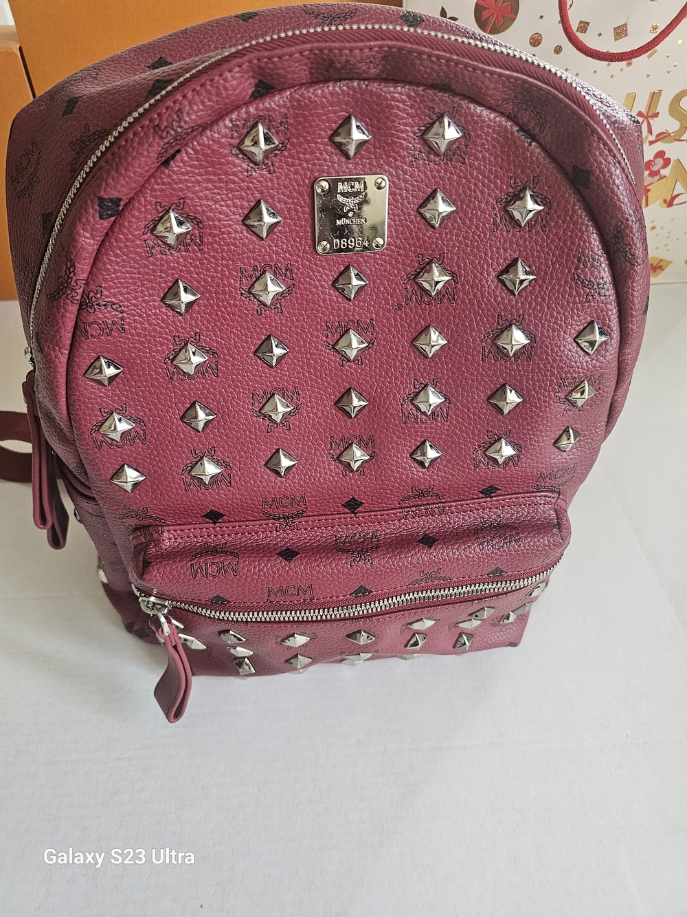 MCM Stark Full Studded Large Backpack Burgundy Red Visetos MSRP $1500 LegitApp